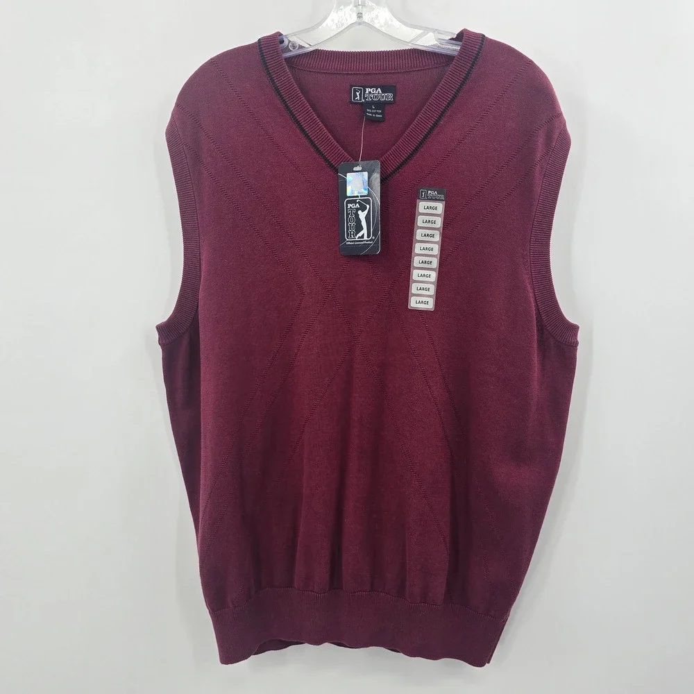 NEW PGA TOUR Sweater Mens L V-Neck Vest Cranapple Red Knit Cotton Golf